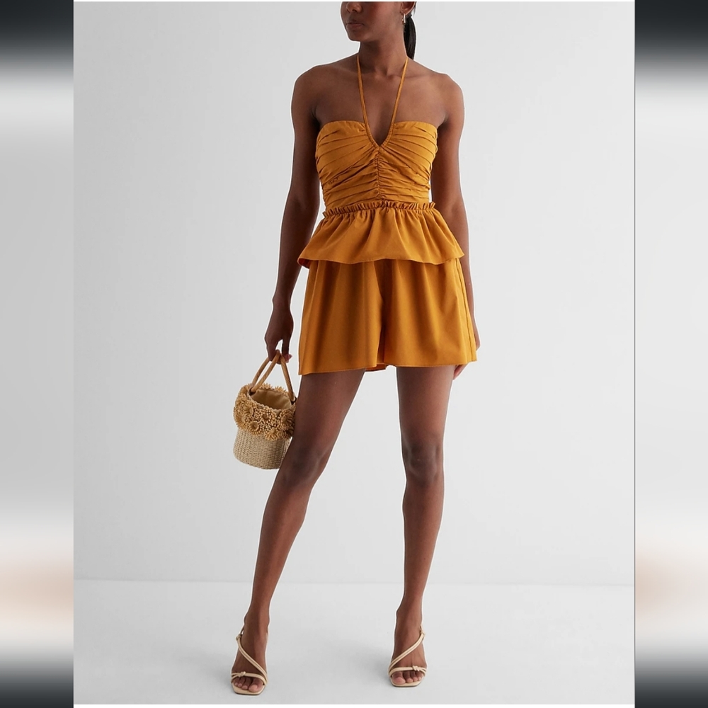Halter Neck Tiered Pleated Poplin Romper